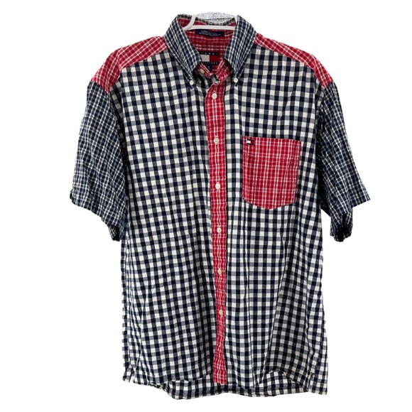 Tommy Hilfiger short sleeve button up plaid red white blue shirt M cotton - Picture 1 of 5